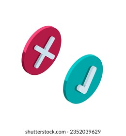 icono isométrico de escudo redondo con marca de verificación y color cruzado sobre fondo blanco, protección fiable o inseguridad