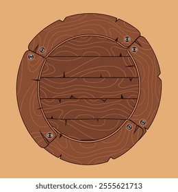 Round shield made of rough wooden boards. Background, frame, panel. Vector illustration