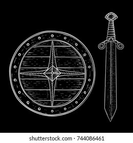 Round shield and sword. Hand drawn sketch. Vector illustration on black background