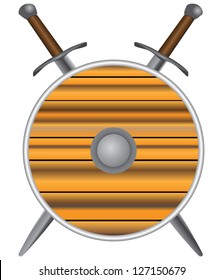 Round shield with swords. Medieval weapons. Vector illustration.