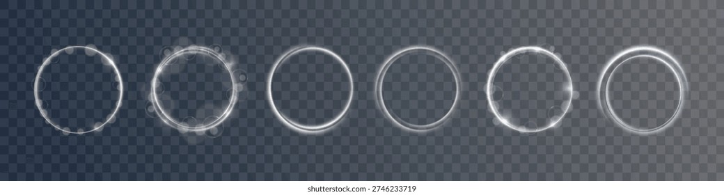 Round shimmering frame with radiant particles floats on transparent field. Golden shine adds magic mood.