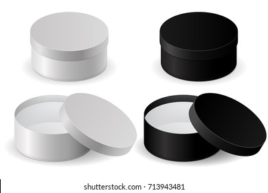 Round shiny box. Black and white set of open boxes with lids. Vector 3d illustration isolated on white background