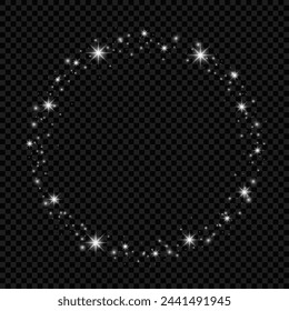 Round shiny frame background with special light and stars. Vector sparkles on a transparent background. Christmas light effect. Sparkling magical dust particles. effect decoration with ray sparkles.