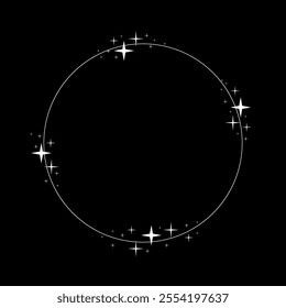 Round shiny frame with glowing effects. White round frame with sparkles on black t background. Vector illustration.