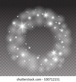 Round shiny frame with lights effects and bright stars.  Abstract vector elegant foggy ring isolated on transparent background