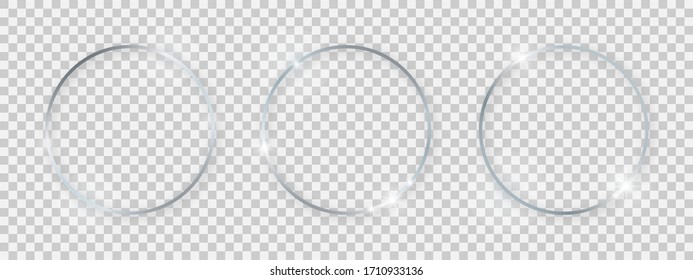 Round shiny frames with glowing effects. Set of three silver round frames with shadows on transparent background. Vector illustration