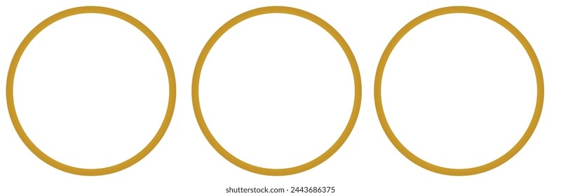 Round shiny frames with glowing effects. Set of three gold, silver and rose gold round frames with shadows on transparent background. Vector illustration