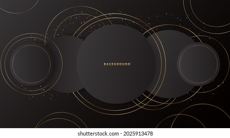 Marco dorado brillante redondo sobre un fondo negro con una dispersión de oro. Vector.