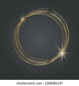 Round shiny gold frame with shadows, on a black transparent background. Golden realistic frame. Vector illustration