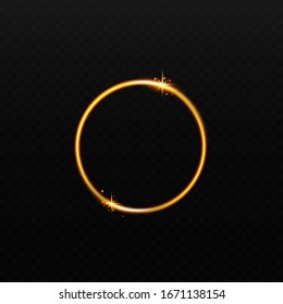 Round shiny golden light frame realistic vector illustration isolated on dark background. Glowing curved circle decorative element or shining 3d effect.