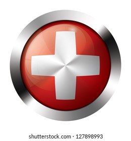 Round shiny metal button with flag of switzerland europe.