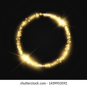 Round shiny perfect background. Vector eps10. Beautiful light. Magic circle. Precious background.Round gold shiny frame with light bursts.
