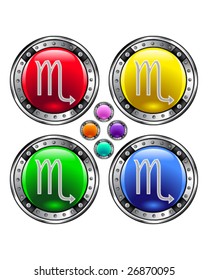 Round shiny vector button with scorpio zodiac symbol icon on colorful background