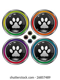 Round shiny vector button set with pet paw print icon on black background