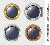 Round ship window. Metallic spaceship or submarinas illuminator transparent hole futuristic rocket industry safe doors decent vector realistic templates