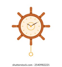 Round ships mechanical clock in shape of wooden wheel with dial and hands vector illustration