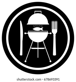 Round sign barbecue grill with appetizing fish and fork with knife. Silhouette on round black plate. Bbq logo and icon. Menu emblem, sticker or badge. Vector illustration.