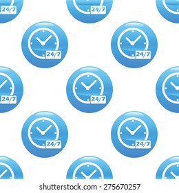 Round sign with clock and text 24 per 7 , repeated on white background