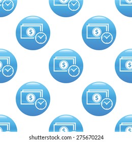 Round sign with dollar banknote and clock near it, repeated on white background