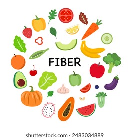 Round sign with fiber food. High fiber food for healthy nutrition and diet. Fruits, vegetables, nuts nutrient diet vector infographic.