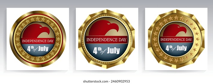 Round sign in gold color with silhouettes of USA Independence Day, set.