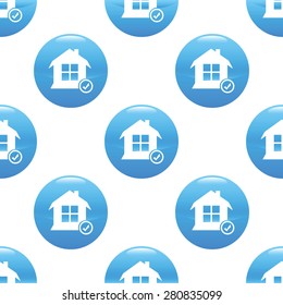 Round sign with house and tick mark, repeated on white background