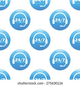 Round sign with image of headset and workhours repeated on white background