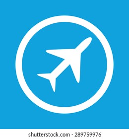 Round sign with image of plane, isolated on blue