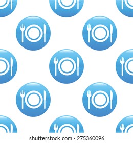 Round sign with images of fork, knife and plate repeated on white background