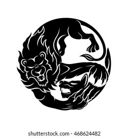 Round sign. Lion attacking a hyena.