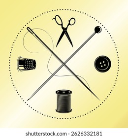 Round sign with needle and sewing accessories