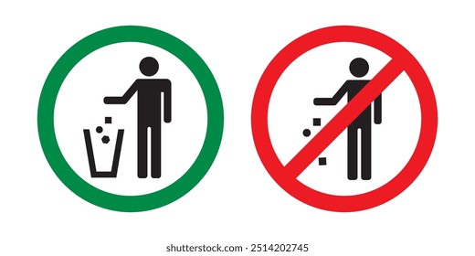 Round sign prohibiting littering. Keep clean icon, sticker or poster. Do not litter sign. Pictogram of man, throwing garbage in bin. flat vector illustration