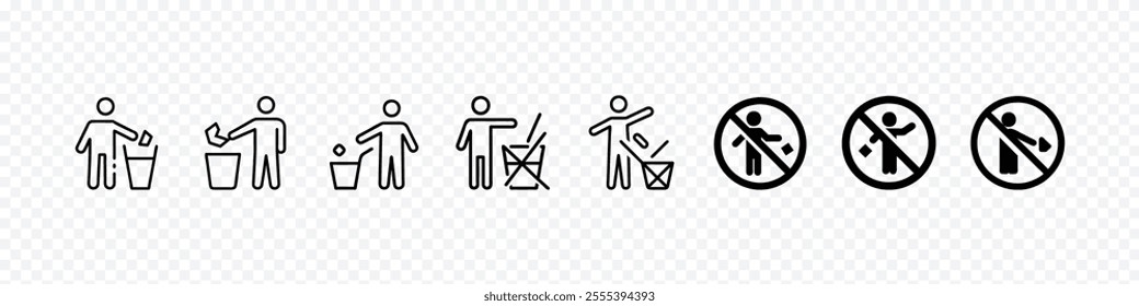 Round sign prohibiting littering. Keep clean icon, Trash icon. Rubbish icon. Allowed Throw Rubbish, Waste, Garbage Only in Bin Sign. Do not litter sign. Pictogram of man, throwing garbage in bin