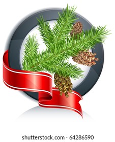 Round sign with red ribbon and pine branch with cone, vector illustration