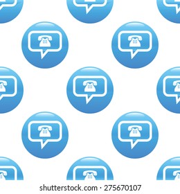 Round sign with text bubble and phone image inside, repeated on white background