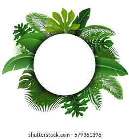 Round Sign with text space of Tropical Leaves. Suitable for nature concept, vacation, and summer holiday. Vector Illustration