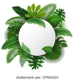 Round Sign with text space of Tropical Leaves. Suitable for nature concept, vacation, and summer holiday. Vector Illustration