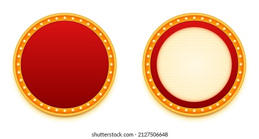 Round signage with light bulbs. Classic casino, theater, cinema or club retro decor. Mockup for trendy graphic designs. Vector illustration