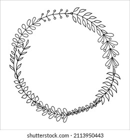 Round silhouette of decorative natural branches on a white background, vector illustration