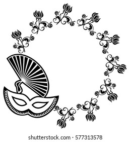 Round silhouette frame with carnival masks and abstract flowers. Copy space. Vector clip art.