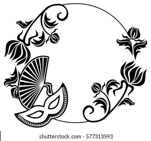 Round silhouette frame with carnival masks and abstract flowers. Copy space. Vector clip art.