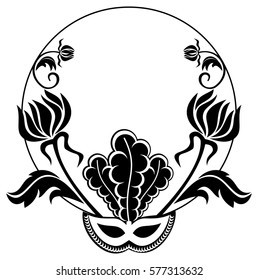 Round silhouette frame with carnival masks and abstract flowers. Copy space. Vector clip art.