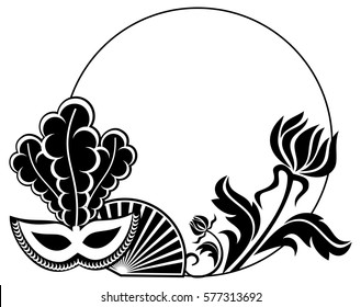 Round silhouette frame with carnival masks and abstract flowers. Copy space. Vector clip art.
