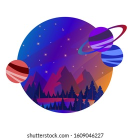 Round silhouette with orbiting planets and night landscape with forest, mountains, stars. Solar system exploration. Aastronomical objects. Vector illustration isolated on white