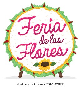 Round Silleta design placed in wooden legs, decorated with sunflower, leaves and invitation for the Festival of Flowers -or 'Feria de las Flores', in Spanish-.