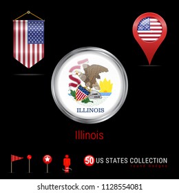 Round Silver Badge with Illinois US State Flag. Glossy Button Flag of Illinois. Round Icon of Illinois with Metal Frame. Pennant Flag of USA. Map Pointer - USA. Map Navigation Elements. Vector Art.