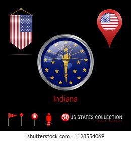 Round Silver Badge with Indiana US State Flag. Glossy Button Flag of Indiana. Round Icon of Indiana with Metal Frame. Pennant Flag of USA. Map Pointer - USA. Map Navigation Elements. Vector Art.