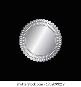 Bandera redonda de plata aislada sobre fondo negro, estampado de sellos de sellado de lujo elegante banner con, sello de ilustración vectorial sellado de lámina de plata o aislado de medallas.