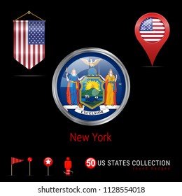 Round Silver Badge with New York US State Flag. Glossy Button Flag of New York. Round Icon of New York with Metal Frame. Pennant Flag of USA. Map Pointer - USA. Map Navigation Elements. Vector Art.