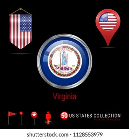 Round Silver Badge with Virginia US State Flag. Glossy Button Flag of Virginia. Round Icon of Virginia with Metal Frame. Pennant Flag of USA. Map Pointer - USA. Map Navigation Elements. Vector Art.
